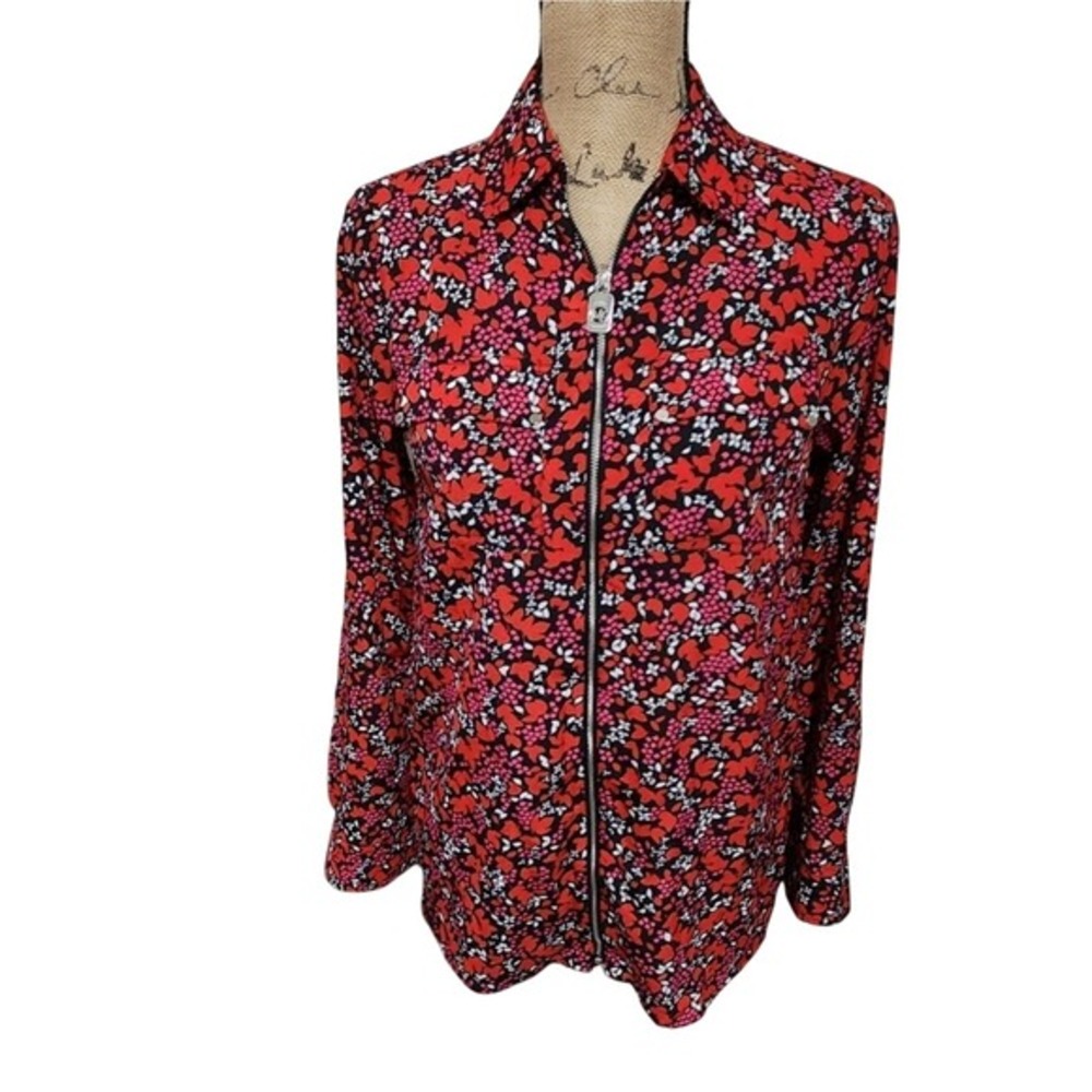 Michael Michael Kors Womens XS Red Floral Full Zip‎ Long Sleeve Blouse Top